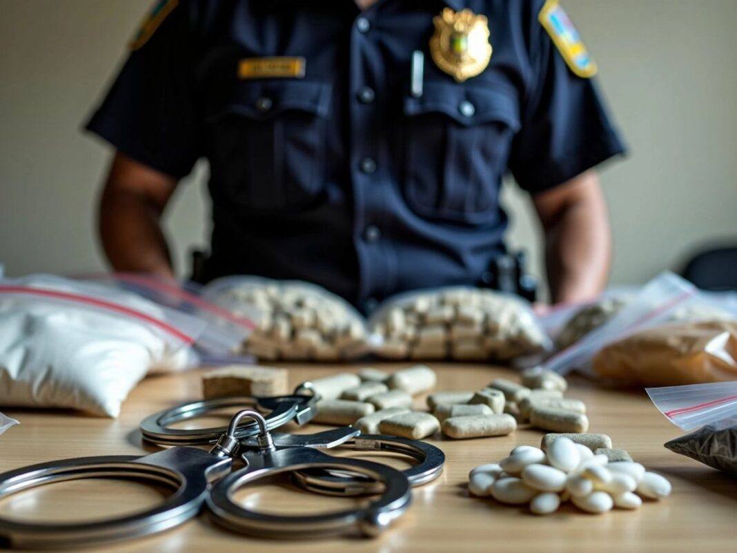 Police officer with drugs and handcuffs on a table.