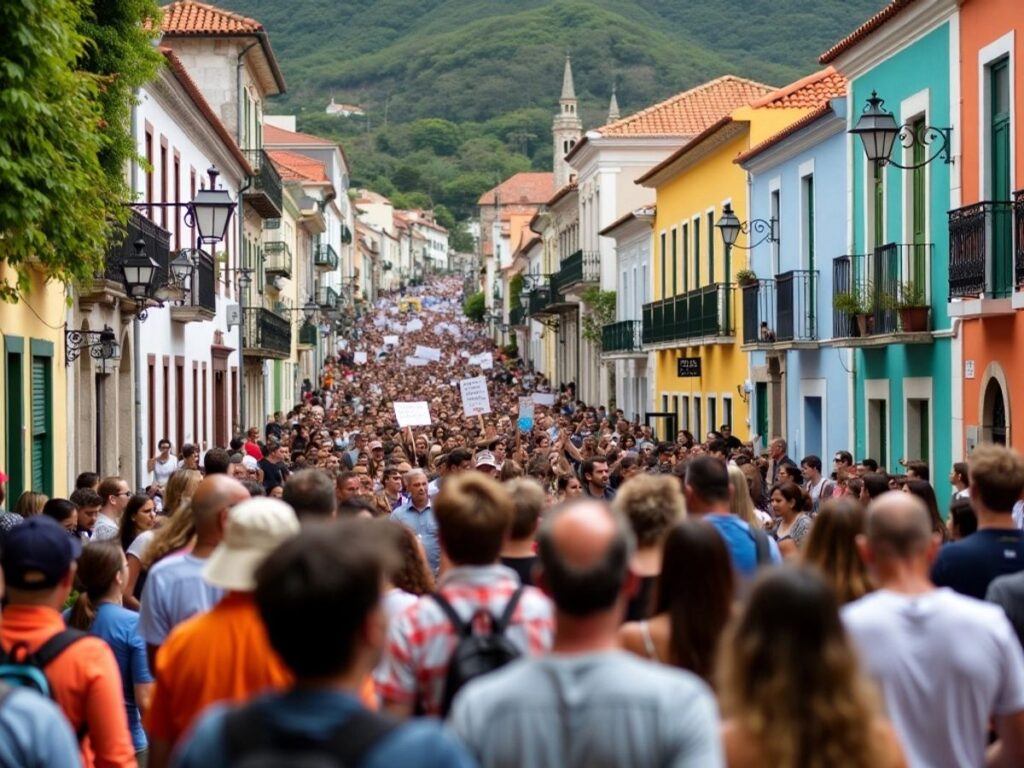 Crowd of people gathered in Funchal for housing rights.