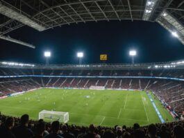 Football stadium at night with players in motion