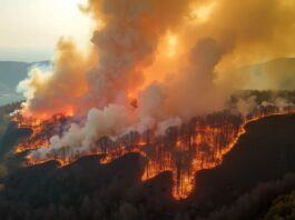 Aerial view of wildfires in Portugal with smoke and flames.