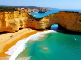 Golden cliffs and turquoise waters in Algarve.