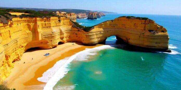 Golden cliffs and turquoise waters in Algarve.