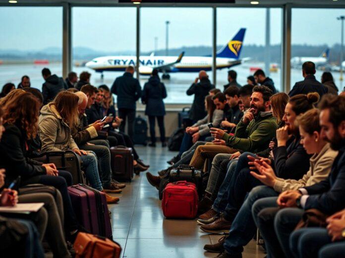 Crowded airport terminal with frustrated travelers and luggage.