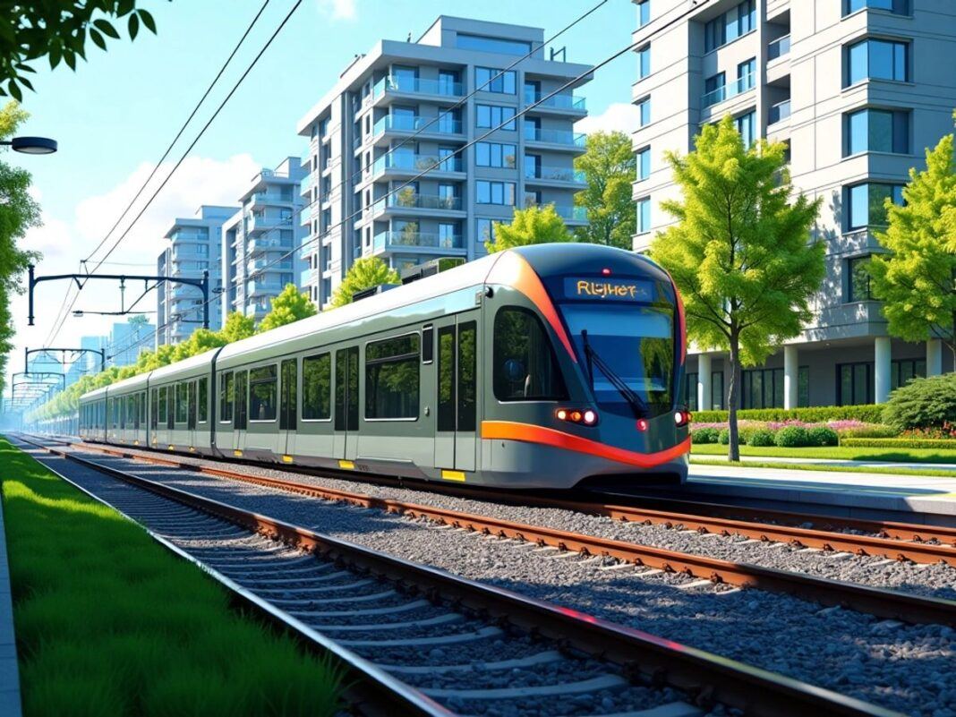 Modern train in urban setting with greenery and buildings.