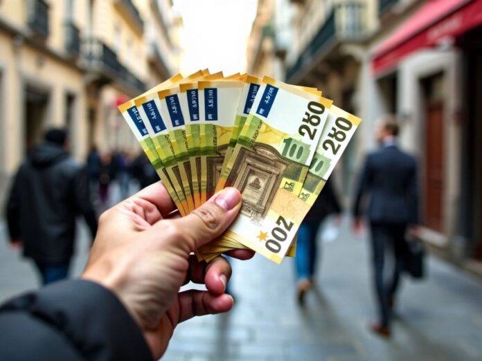 Hand holding euro bills in a busy city.