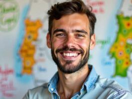 Portuguese teacher with whiteboard and Portugal map