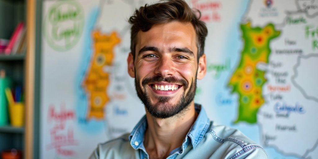 Portuguese teacher with whiteboard and Portugal map