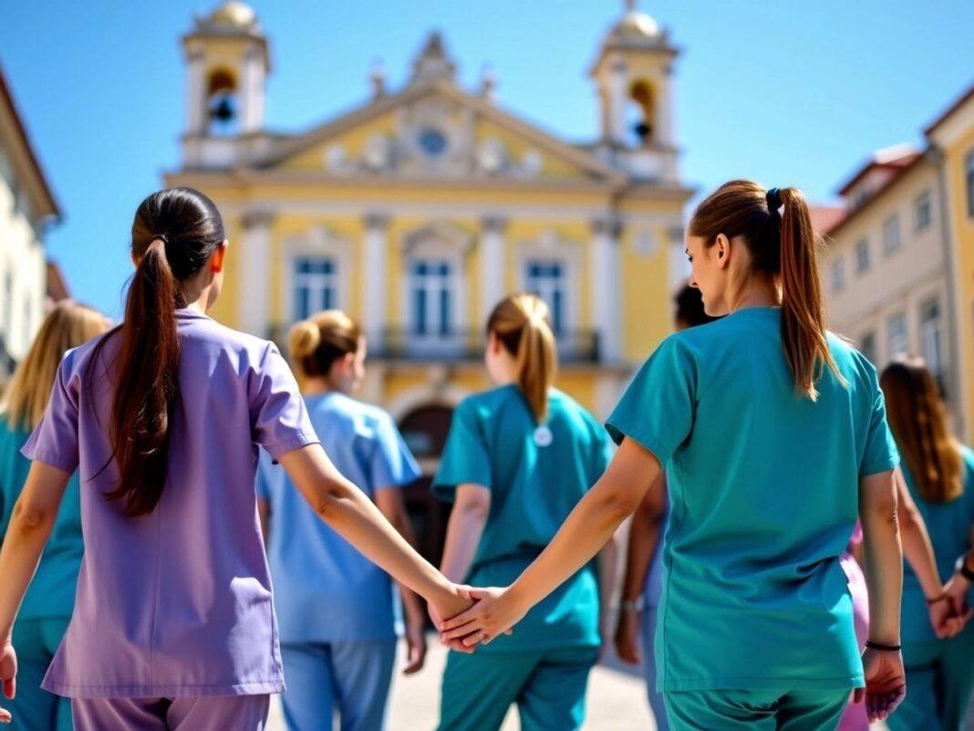 Group of nurses in scrubs gathered outdoors in Lisbon.