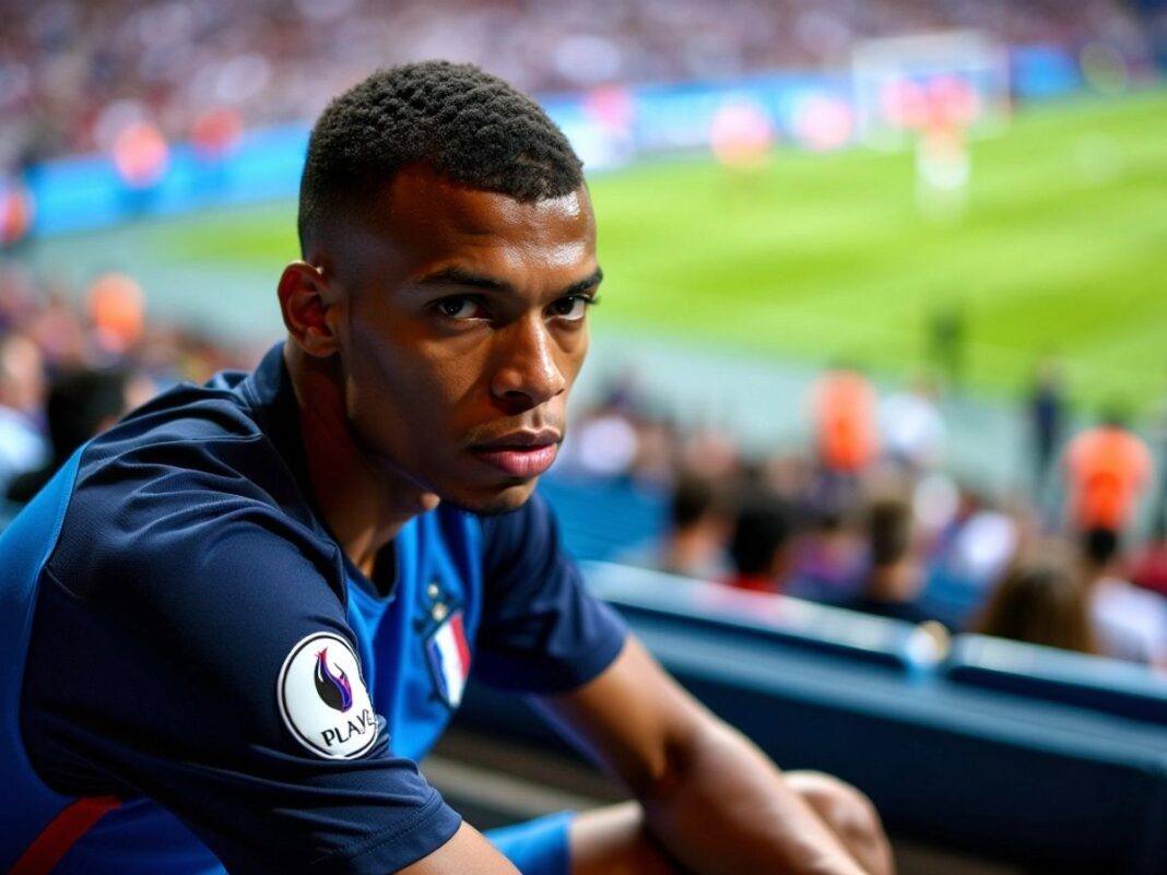 Mbappé sitting on bench in France jersey.