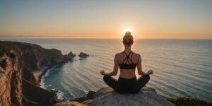 Person meditating on a cliff at sunset