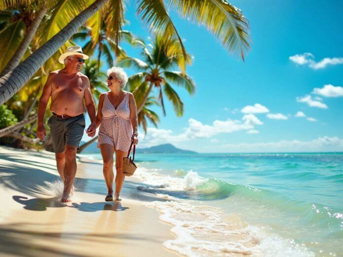 Australian retirees relaxing on a sunny beach overseas.