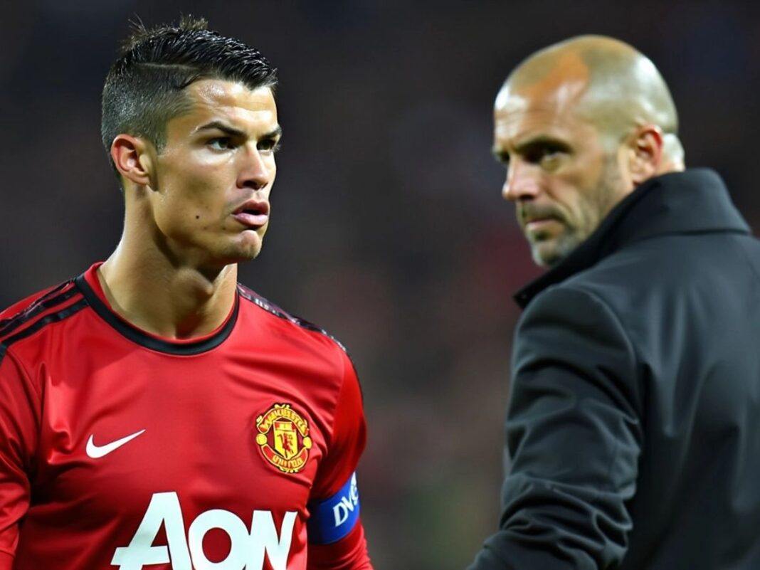 Ronaldo frustrated, Ten Hag stern in background.