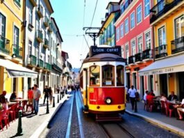 Lisbon street with tram and colorful buildings