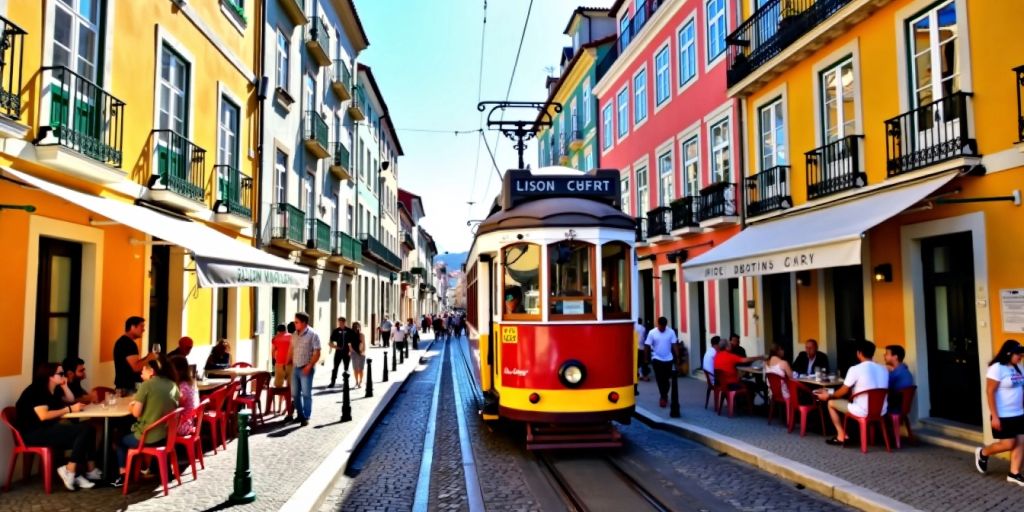 Lisbon street with tram and colorful buildings