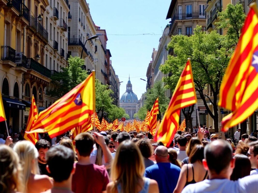 Crowd in Barcelona waving Catalan flags