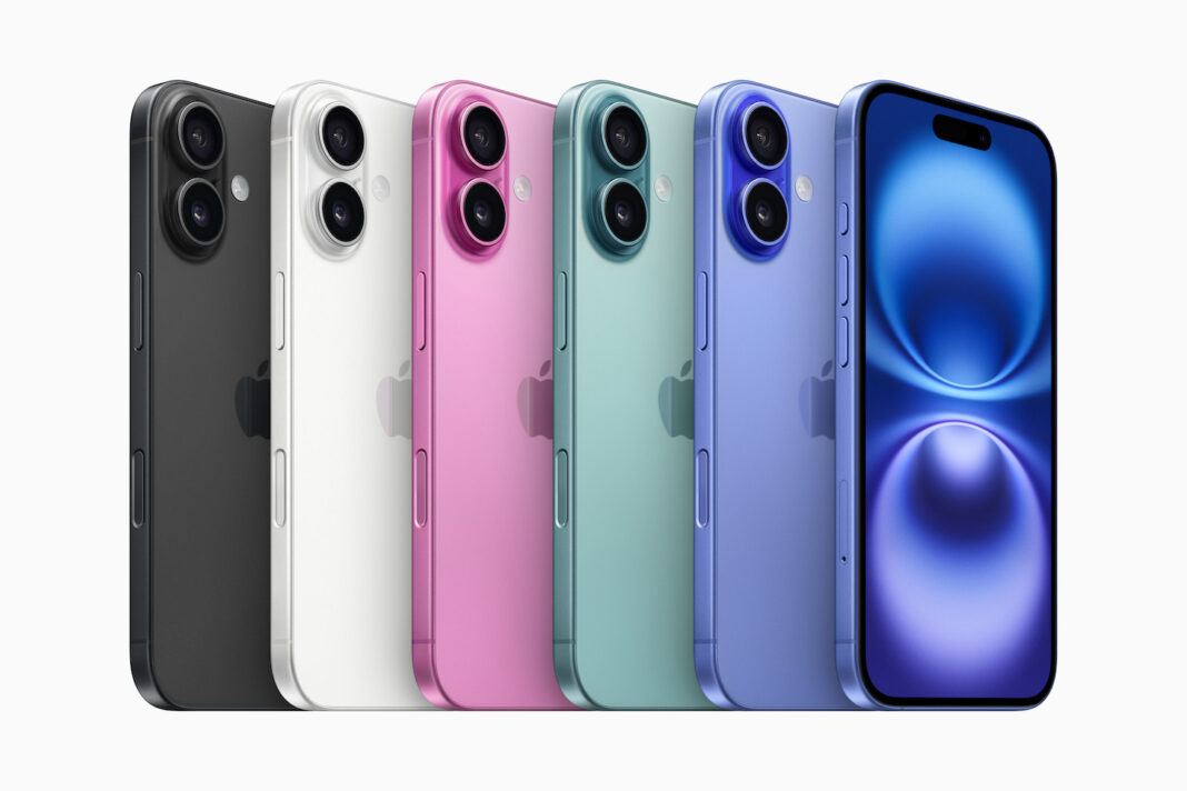 Six iPhone 16 models of various colours standing up on display