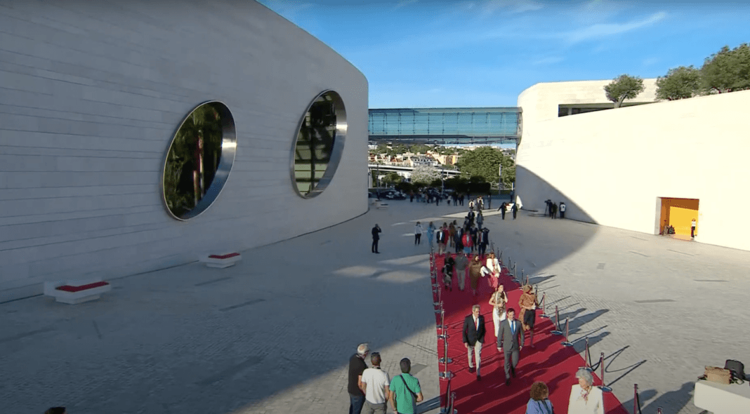 Guests arrive at the Champalimaud Foundation courtyard for an awards ceremony.