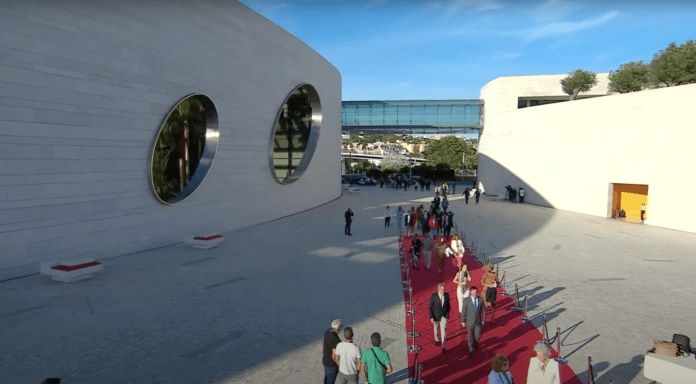 Guests arrive at the Champalimaud Foundation courtyard for an awards ceremony.