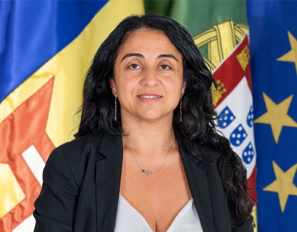 An official portrait of a politician pictured in front of various flags