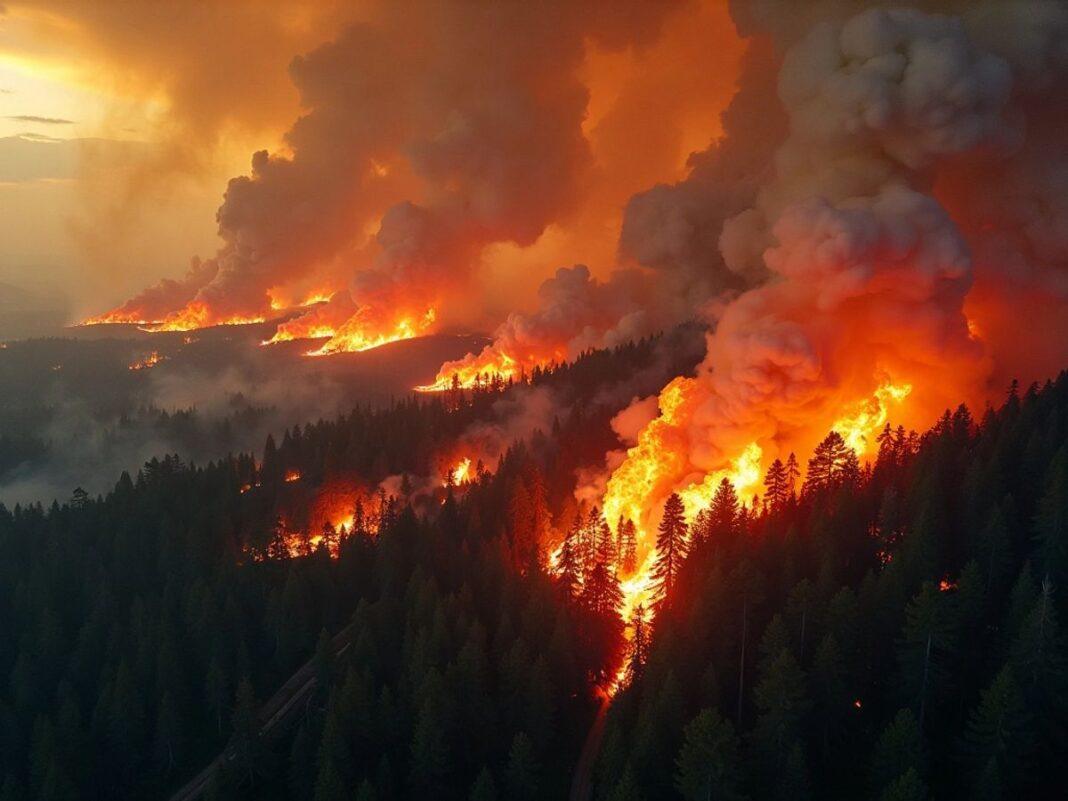 Aerial view of wildfires engulfing a forest.