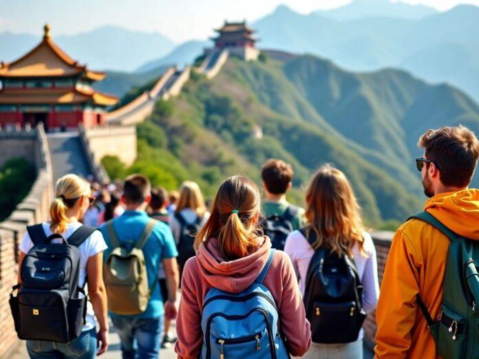 Tourists enjoying Chinese landmarks during visa-free travel.