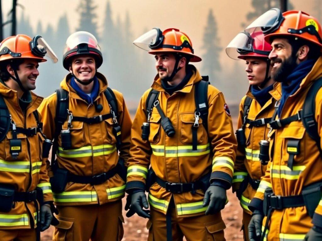 Firefighters in gear standing amidst smoke and burnt trees.