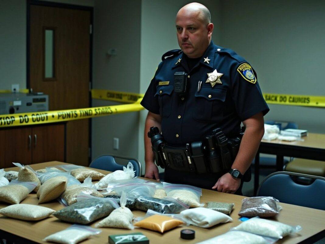 Police officer with drugs and evidence bags on table.