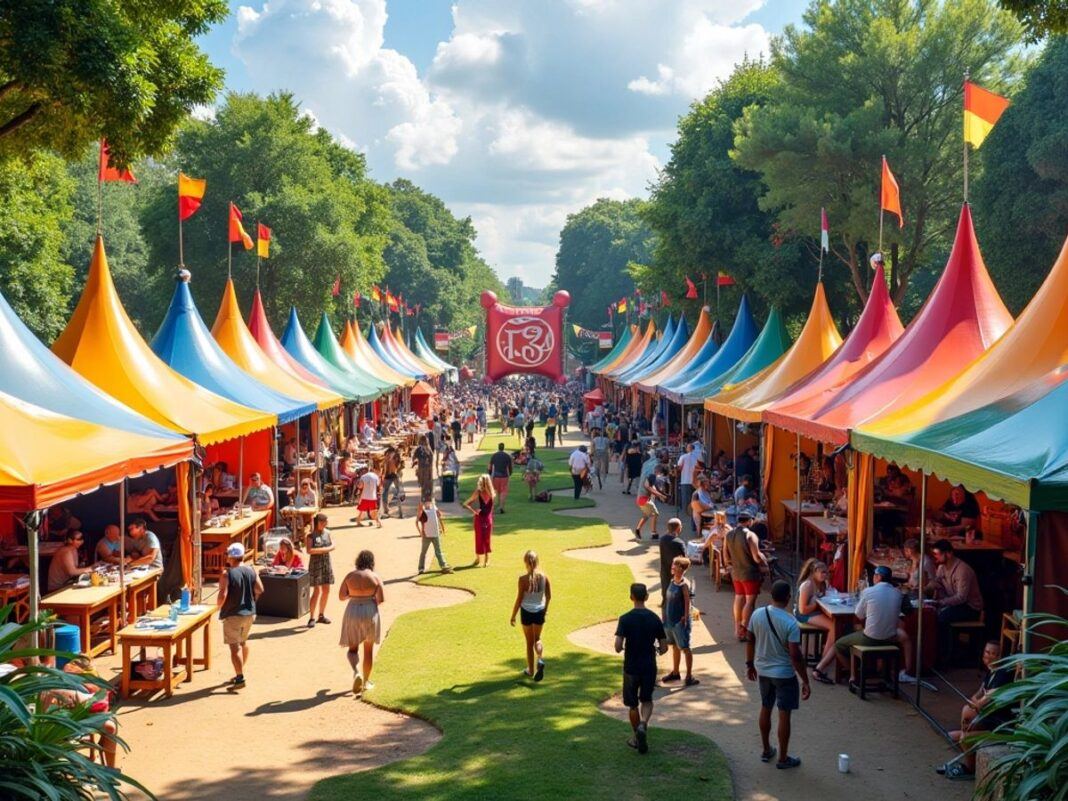 Outdoor festival with colorful tents and musicians performing.