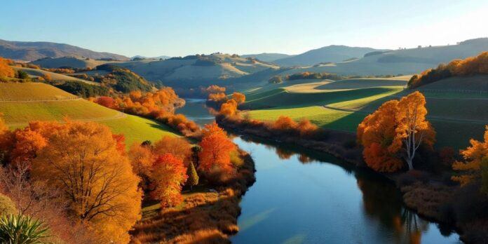 Autumn landscape in Portugal with colorful trees and river.