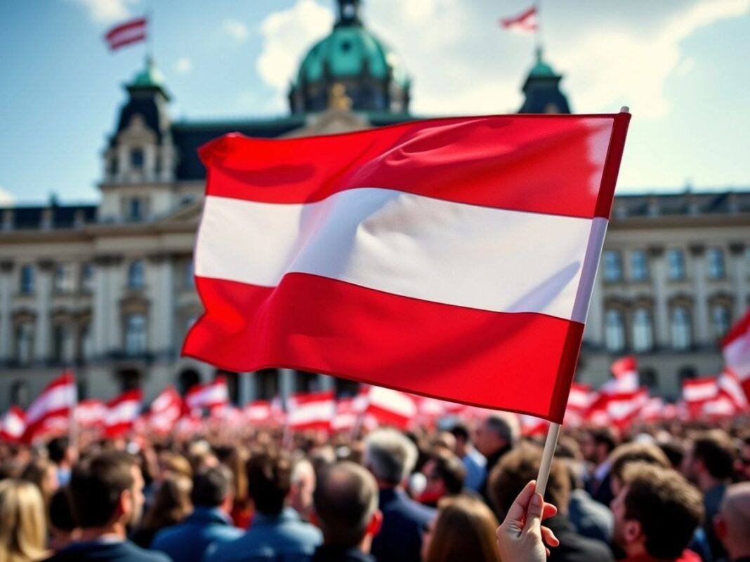 Austrian flag and crowd celebrating in front of a building.