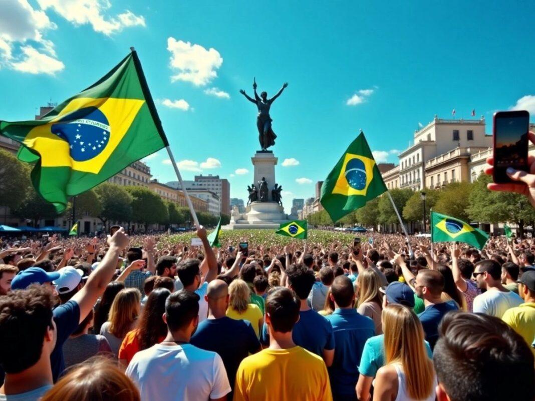 Crowd with Brazilian flags in city square