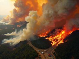 Aerial view of wildfires in Portugal with smoke and flames.