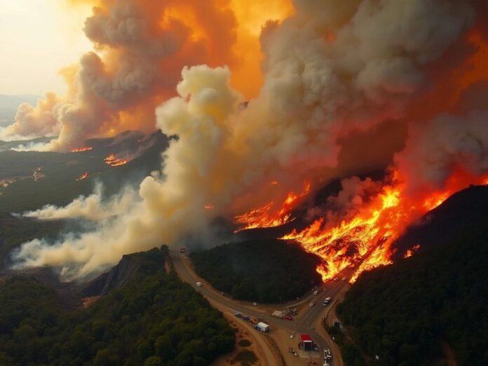 Aerial view of wildfires in Portugal with smoke and flames.