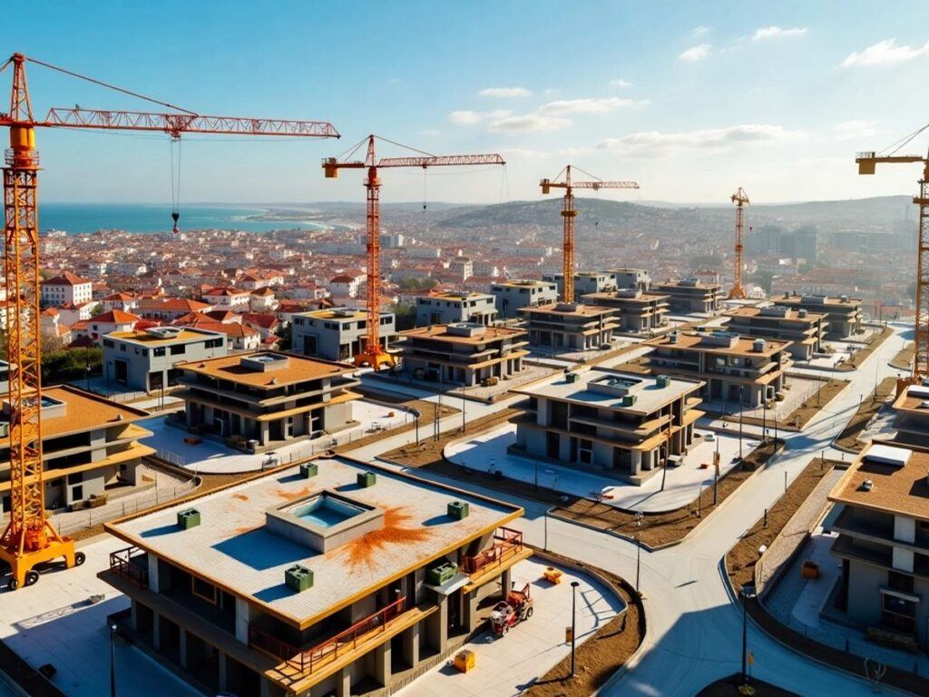 Construction sites in Portugal with cranes and workers.