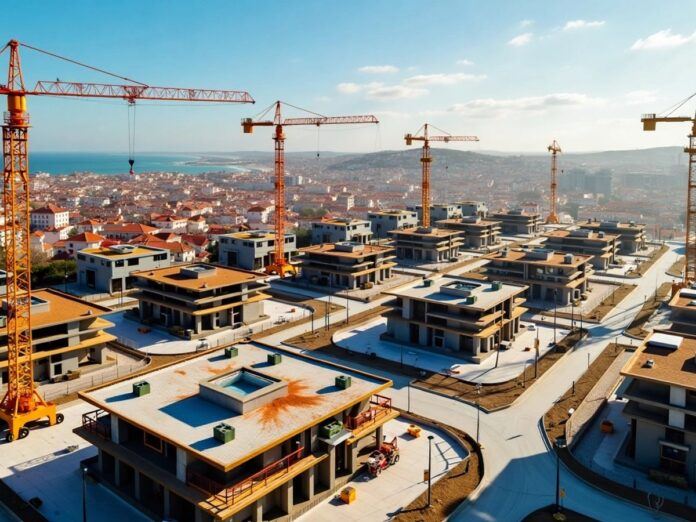 Construction sites in Portugal with cranes and workers.