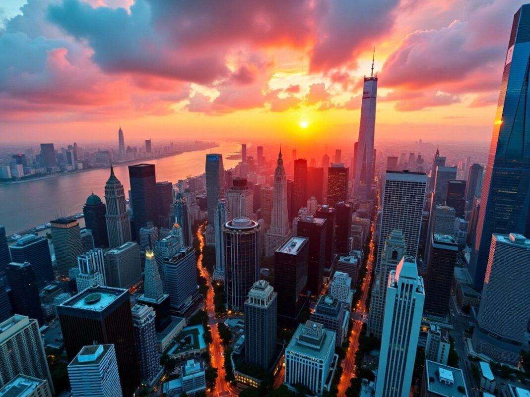 Cityscape with skyscrapers and sunset reflections on water.