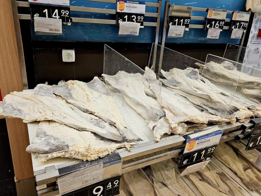 Salted cod for sale seen on a Portuguese fish counter