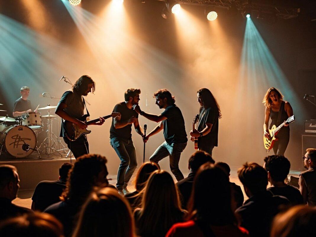 Band members in conflict during a live performance.