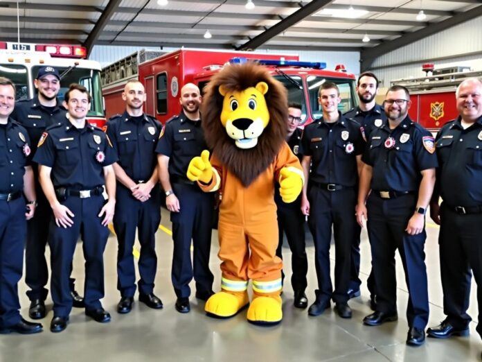 Firefighters with a lion mascot at Civil Protection Headquarters.