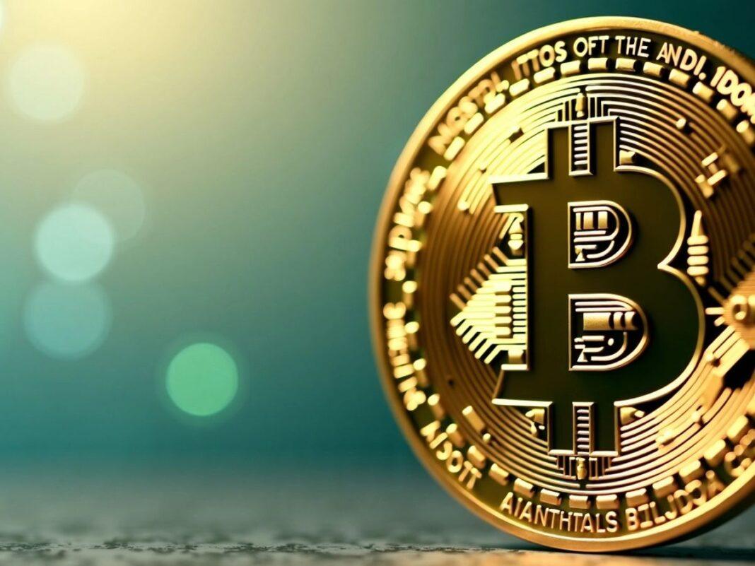 Golden Bitcoin symbol on a blue and green background.