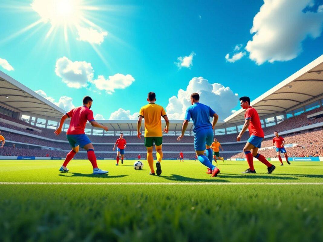 Football teams competing on a lush green pitch.