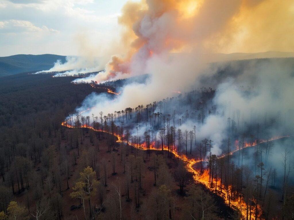 Aerial view of wildfires in Portugal with smoke and flames.