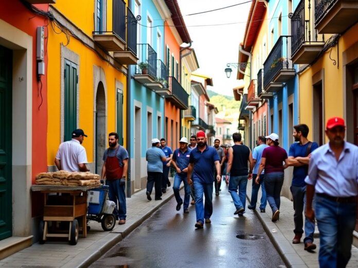 Workers in Portugal's vibrant streets reflecting economic diversity.