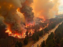 Aerial view of wildfires in Portugal with thick smoke.