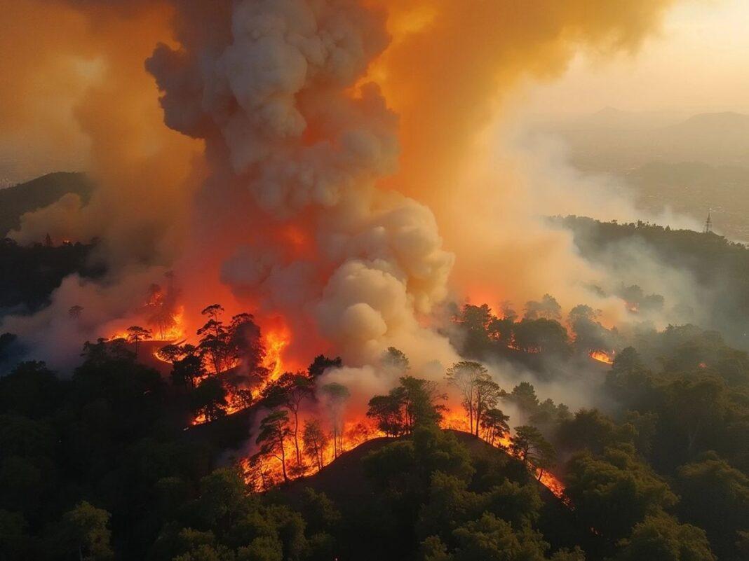 Aerial view of wildfires in Portugal with smoke and flames.