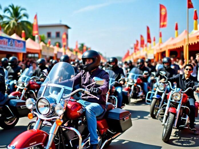 Motorcyclists at a vibrant festival