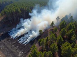 Aerial view of burned forest area with smoke.