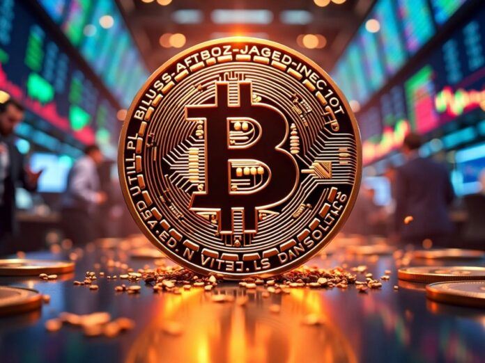 Bitcoin logo with traders in shock around it.