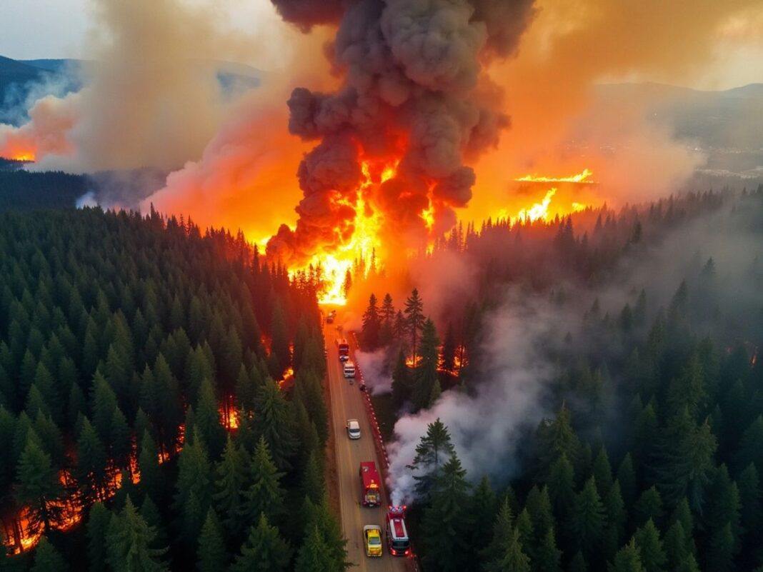 Aerial view of wildfire in dense forest