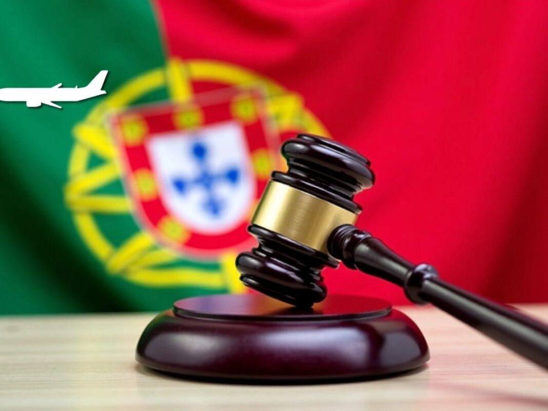 Gavel on Portuguese flag with airplane